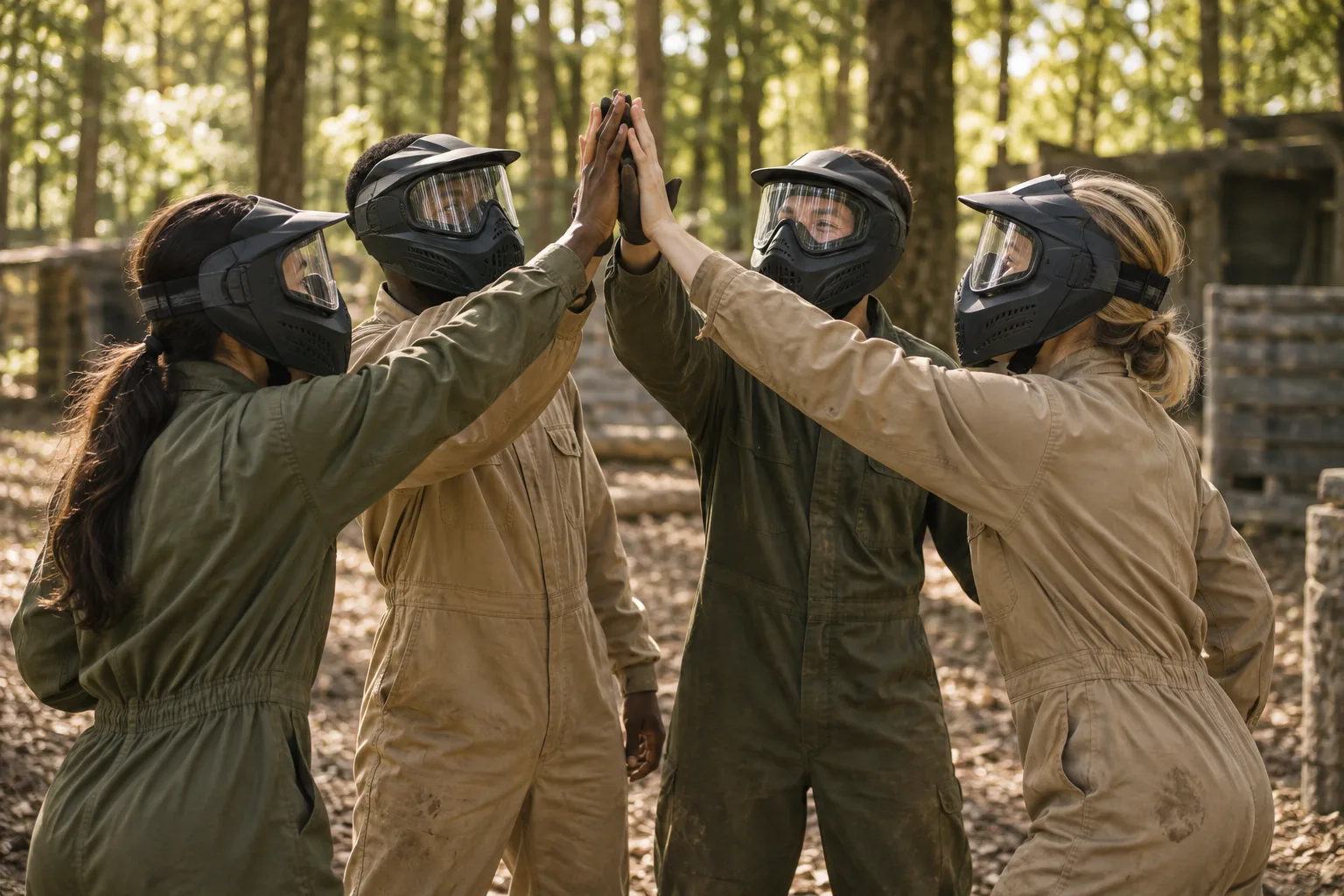 Masked adult friends celebrating with a high five