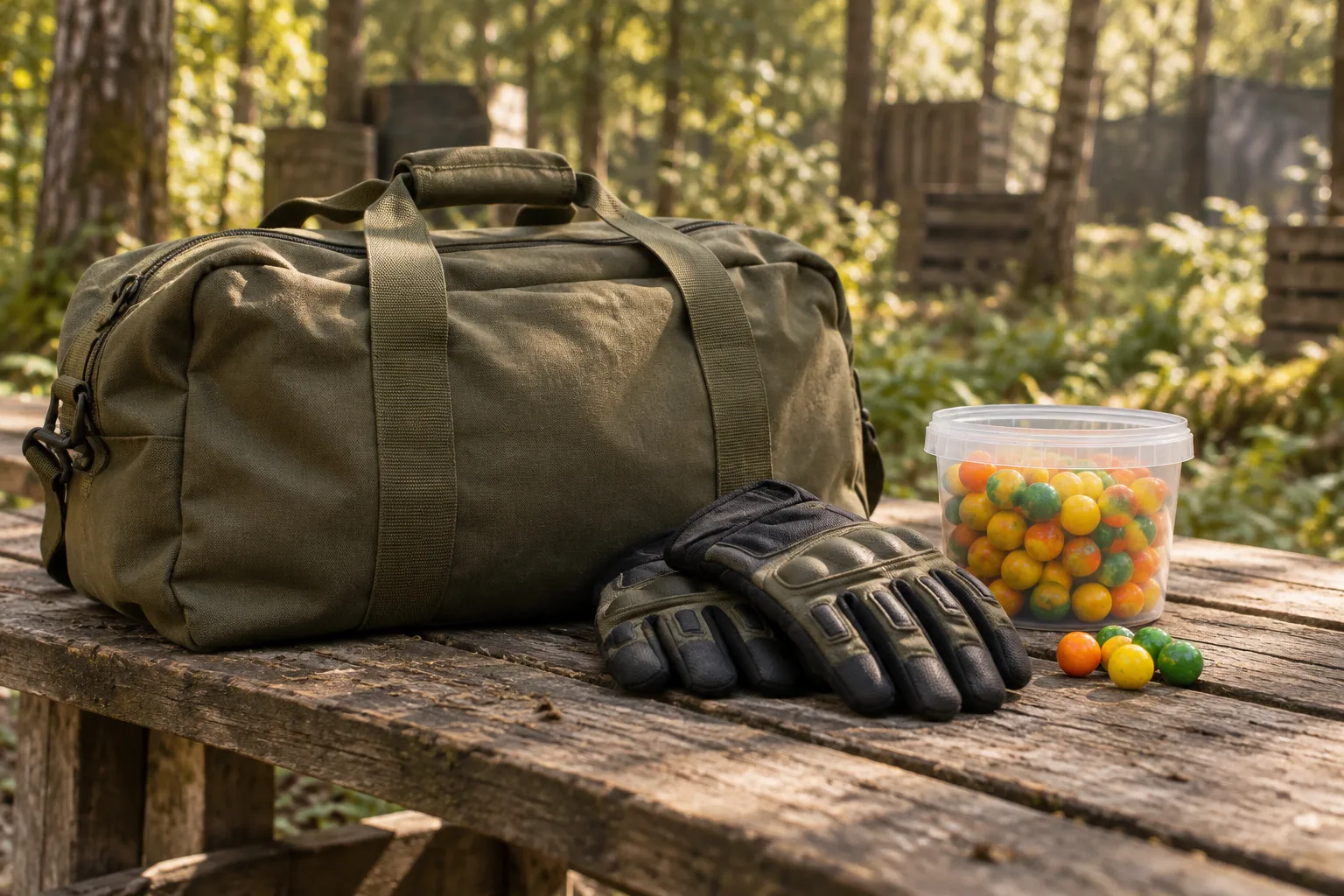 Canvas kit bag, protective gloves and colourful paintballs on a woodland bench