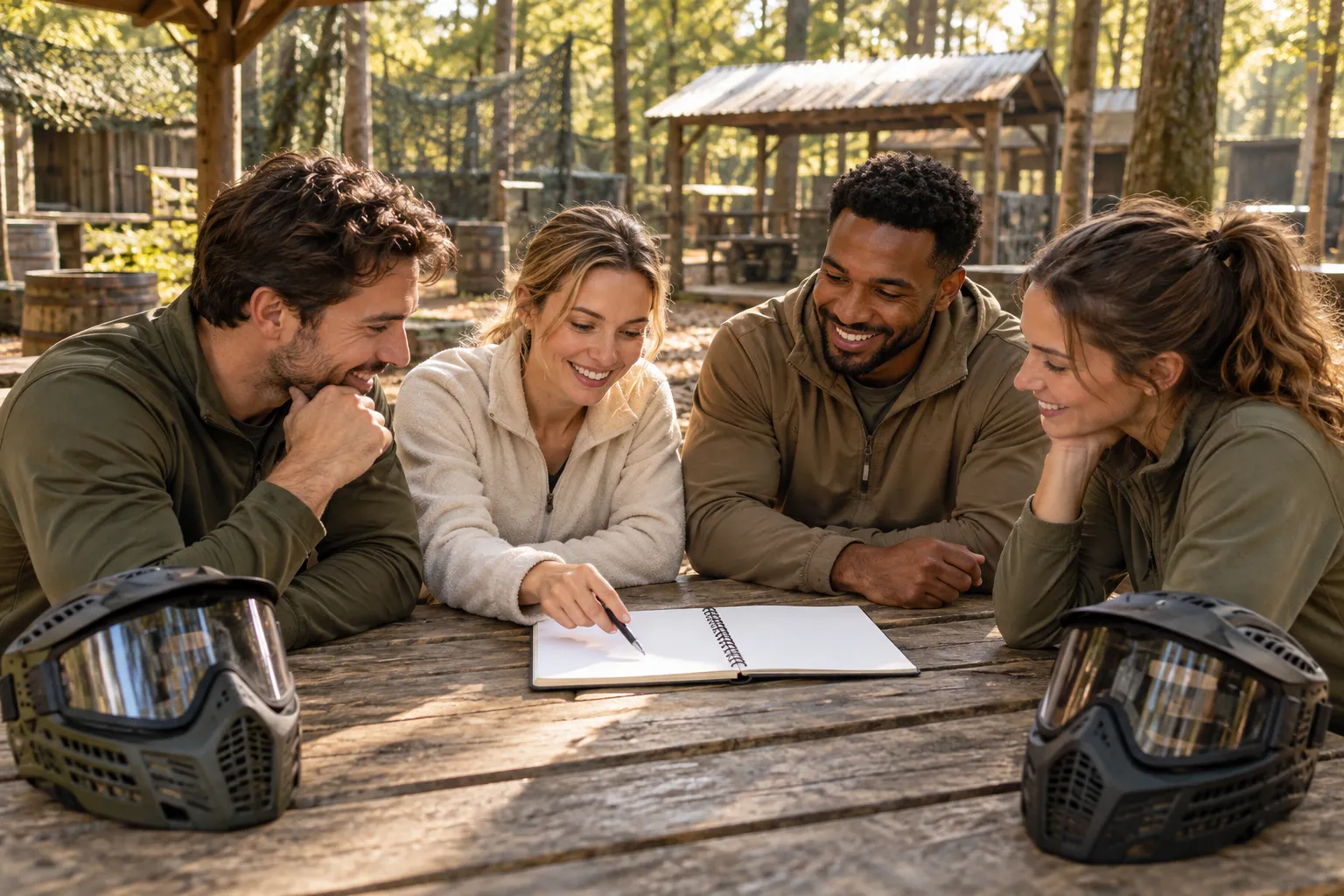 Friends planning a group outing around an outdoor table with paintball masks