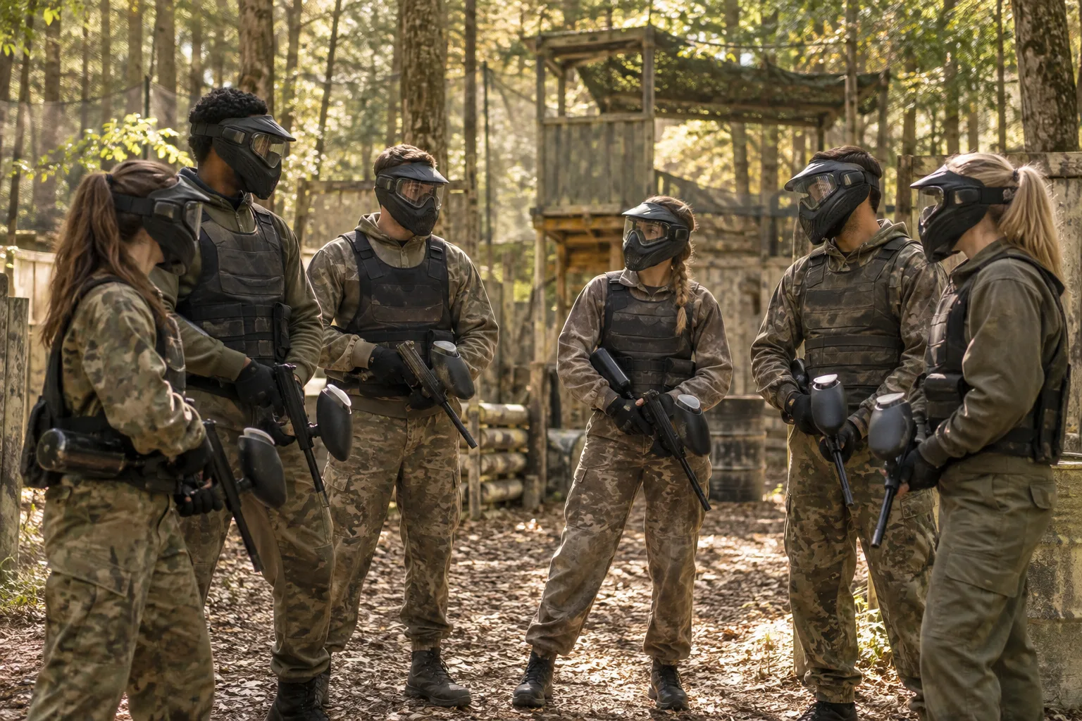 Friends gathering at a woodland paintball arena