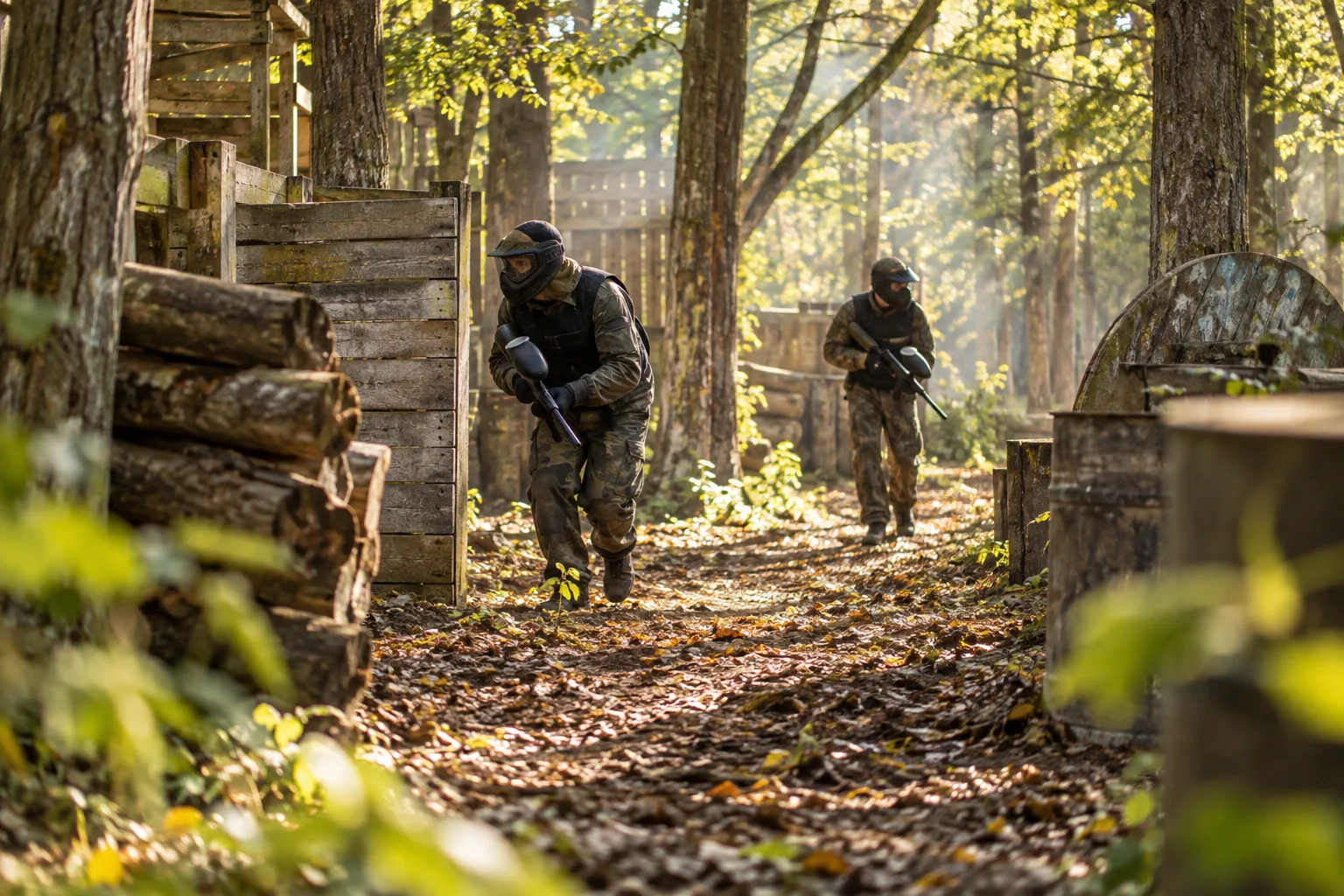 Masked players exploring a woodland field with timber obstacles