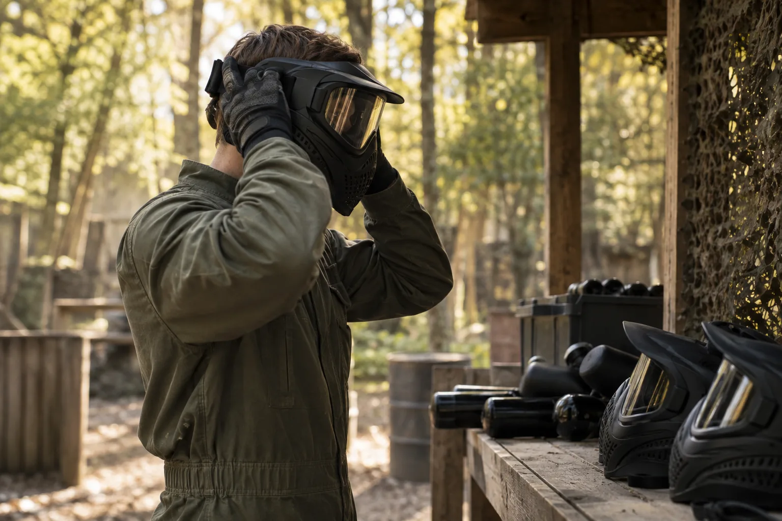 A player fitting a full-face protective paintball mask