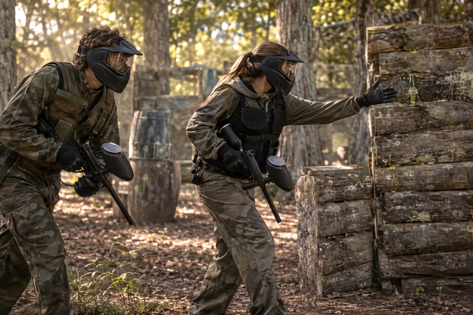 Two masked paintball teammates moving past a woodland barricade