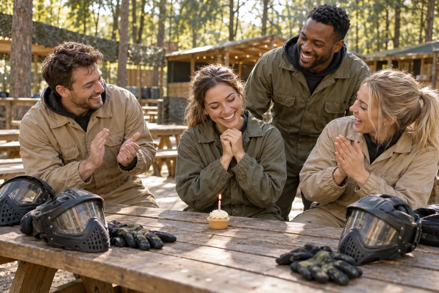 Friends celebrating a birthday at basecamp with paintball equipment on the table