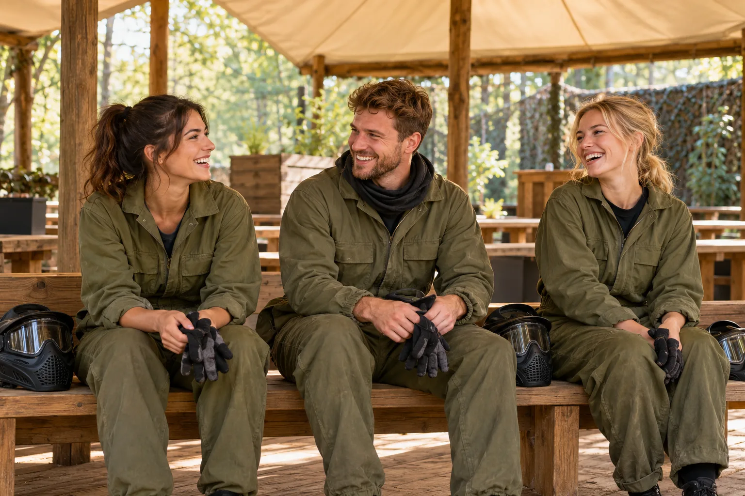 Smiling friends relaxing at basecamp with protective paintball masks and gloves