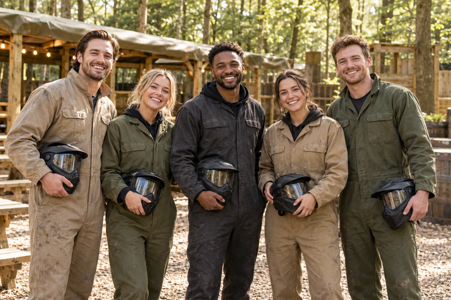 Smiling colleagues at basecamp holding protective paintball masks